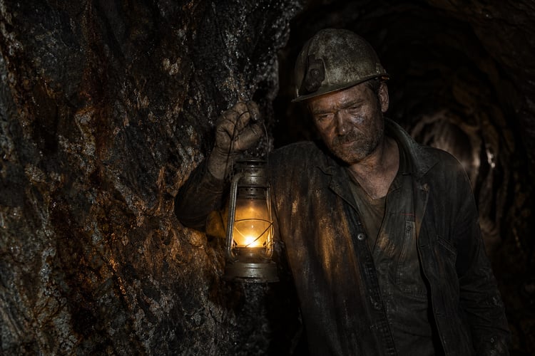 Exhausted Miner in Underground Shaft